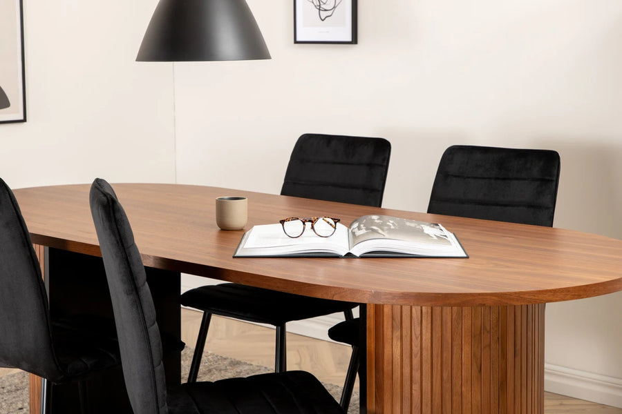 Spisegruppe oval 200 x 90 + spisestol 2-pakk – valnøtt og svart