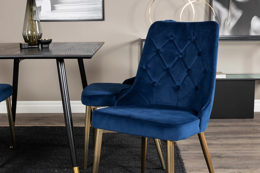 Spisegruppe Dipp & Velvet Deluxe 120 x 85 med 2-pakk spisestoler – svart og blå