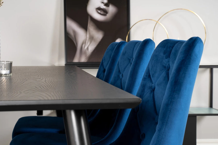 Spisegruppe rektangulær 180 x 90 med 2-pakk spisestoler – svart og blå