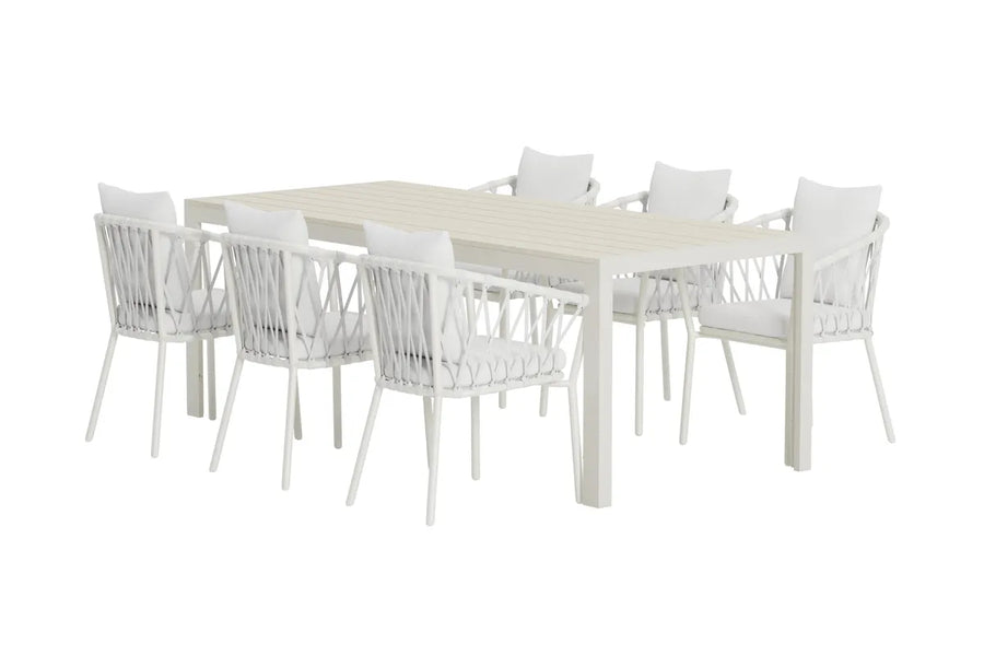 Spisegruppe Mirko & Linos rektangulær 205 x 90 + spisestol 2-pakk – beige og hvit
