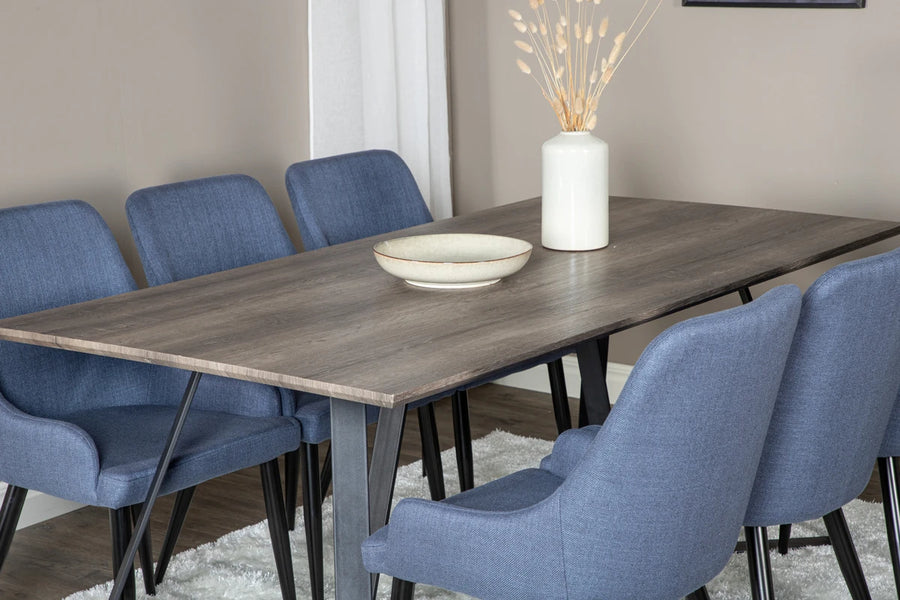 Spisestol Plaza & Marina 2-pakk – blå + rektangulært spisebord 180 x 90 – natur