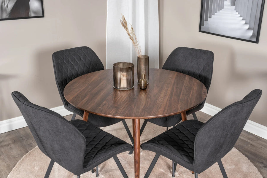 Spisestol Gemma & Plaza 2-pakk + Spisebord rundt ⌀100 – svart og valnøtt