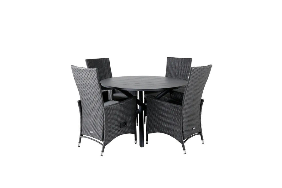 Spisebord Alma & Padova rundt ⌀120 + reclinerstol 2-pakk – svart