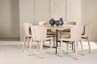 Spisegruppe rund ⌀140 med 2-pakk spisestoler – hvitvasket og beige