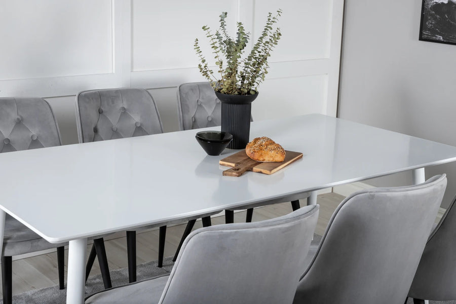 Spisebord Polar & Velvet Deluxe 180 x 90 + spisestol 2-pakk – hvit og lys grå