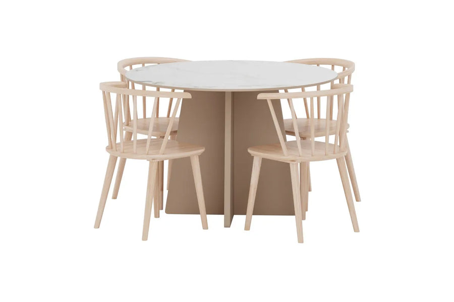 Spisegruppe Bobby & Bootcut 2-pakk + Rundt spisebord ⌀110 – hvitvasket og beige