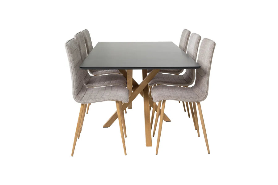 Spisestol Windu & Piazza 2-pakk + Rektangulært spisebord 180 x 90 – lys grå og svart
