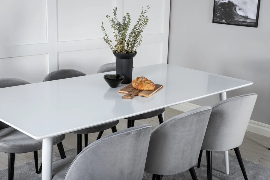 Spisegruppe Polar & Velvet rektangulær 180 x 90 med 2-pakk spisestoler – hvit og grå