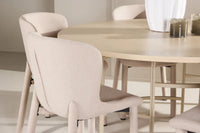 Spisegruppe rund ⌀140 med 2-pakk spisestoler – hvitvasket og beige