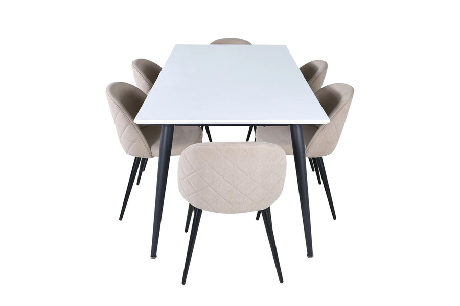 Spisegruppe Jimmy & Velvet rektangulær 195 x 90 + spisestol 2-pakk – hvit og beige