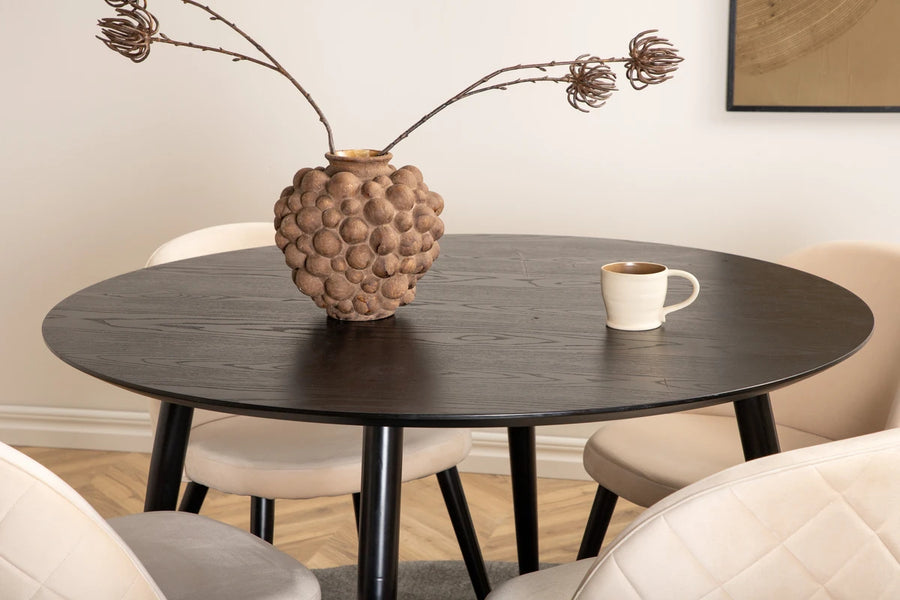Spisegruppe Dipp & Velvet Rund ⌀115 + spisestol 2-pakk – svart og beige