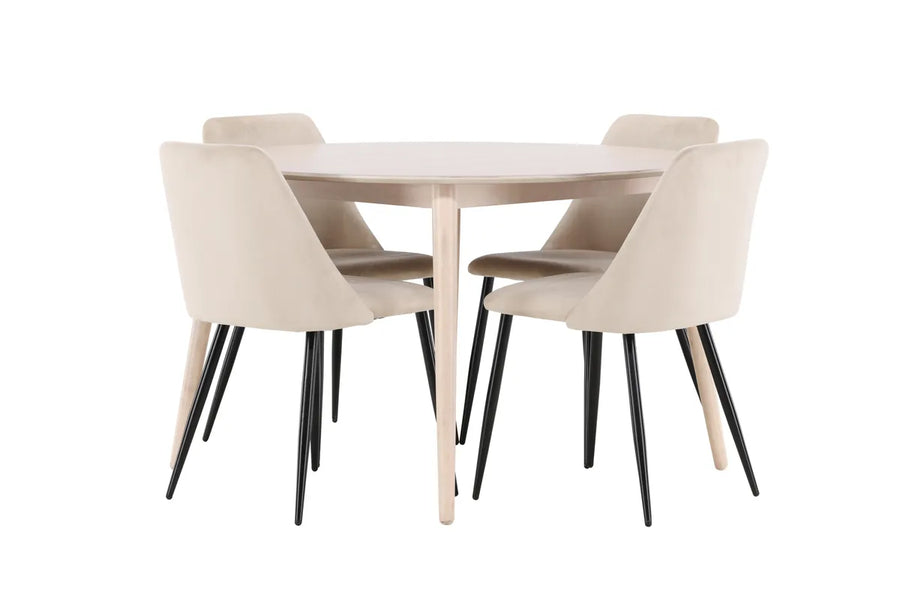 Spisestol Night & Flora 2-pakk + Rundt spisebord ⌀120 – beige og hvitvasket