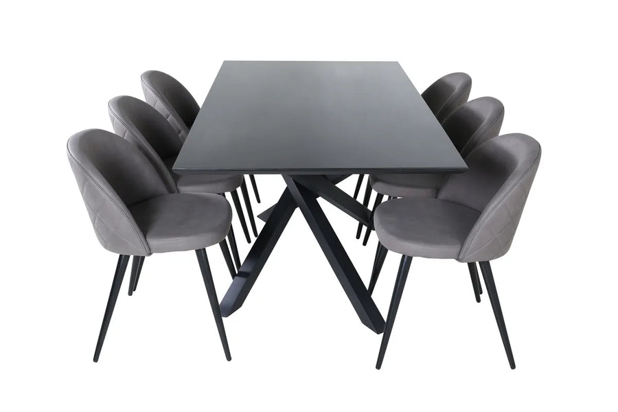 Spisegruppe Velvet & Piazza 2-pakk spisestol + rektangulært spisebord 180 x 90 – grå og svart