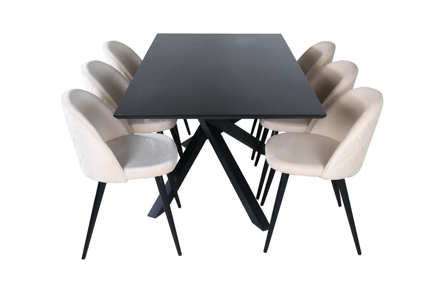 Spisestol Velvet & Piazza 2-pakk beige + rektangulært spisebord 180 x 90 – svart