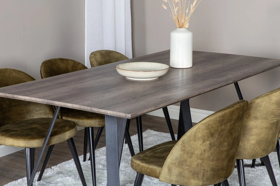 Spisestol Velvet & Marina 2-pakk + rektangulært spisebord 180 x 90 – grønn og natur