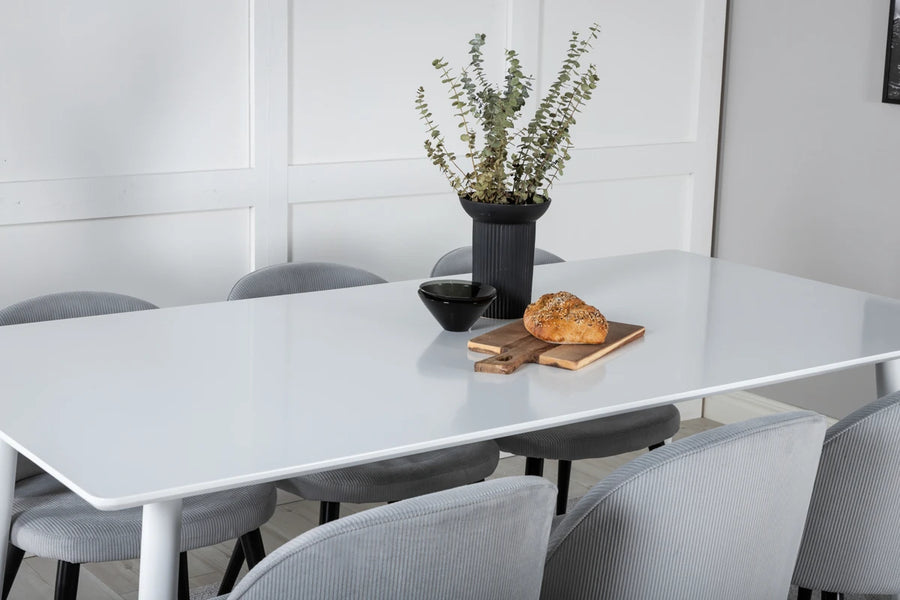 Spisegruppe Polar & Velvet rektangulært 180 x 90 + 2-pakk spisestoler – hvit og lys grå