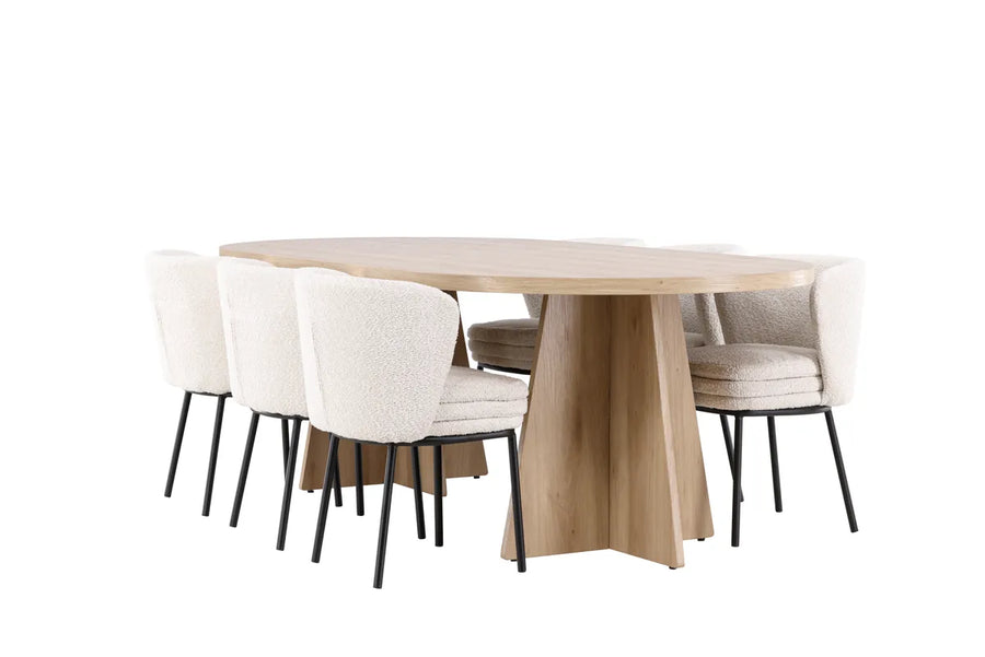 Spisegruppe Bootcut & Agnes oval 230 x 115 + 2-pakk spisestol – natur og hvit