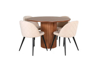 Spisegruppe Bianca & Velvet Rund ⌀110 + 2-pakk spisestoler – valnøtt og beige