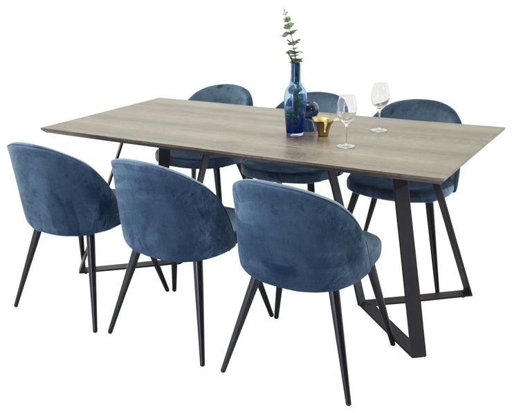 Spisegruppe Velvet & Marina 2-pakk spisestol + rektangulært spisebord 180 x 90 – blå og natur