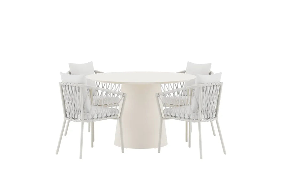 Spisestol 2-pakk + Rundt spisebord Ø120 – hvit og beige