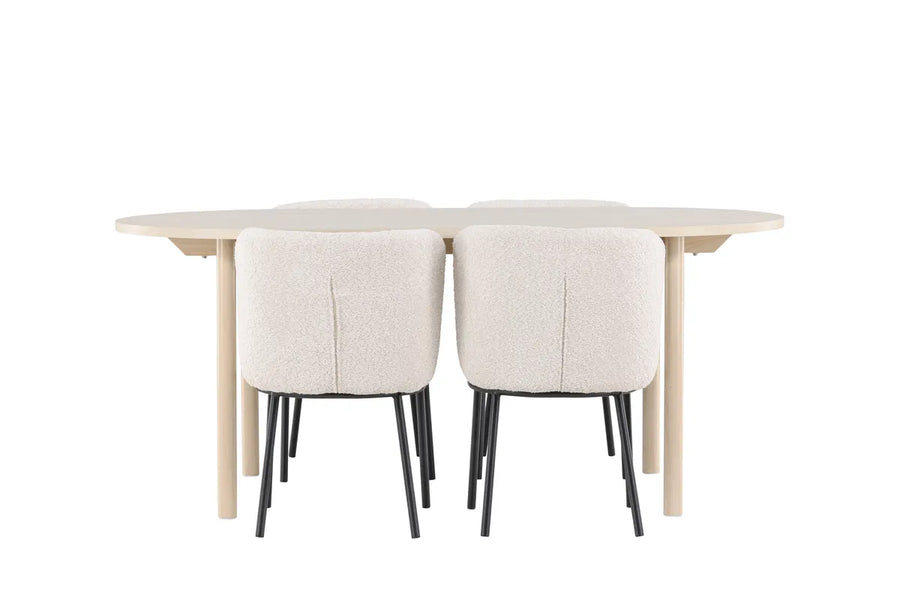 Spisegruppe oval 180 x 90 + 2-pakk spisestol – hvitvasket og hvit