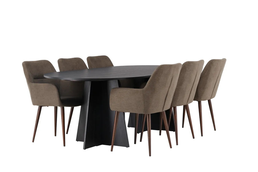 Spisegruppe oval 230 x 115 + spisestol 2-pakk – svart og brun