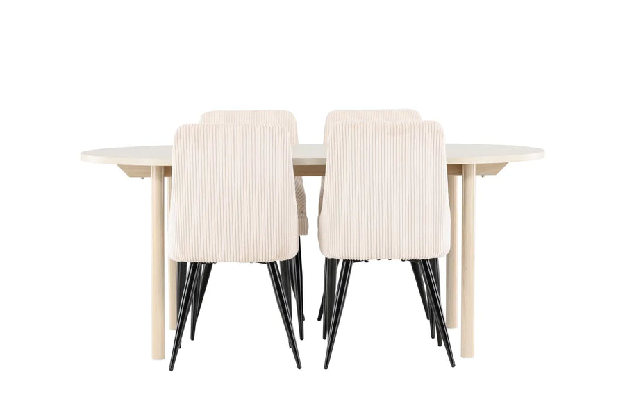 Spisegruppe oval 180 x 90 + 2-pakk spisestoler – hvitvasket og beige