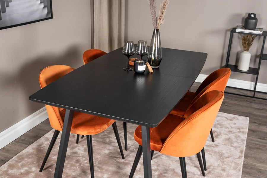 Spisestol Velvet & Inca 2-pakk – rustoransje + Rektangulært spisebord 160 x 85 – svart