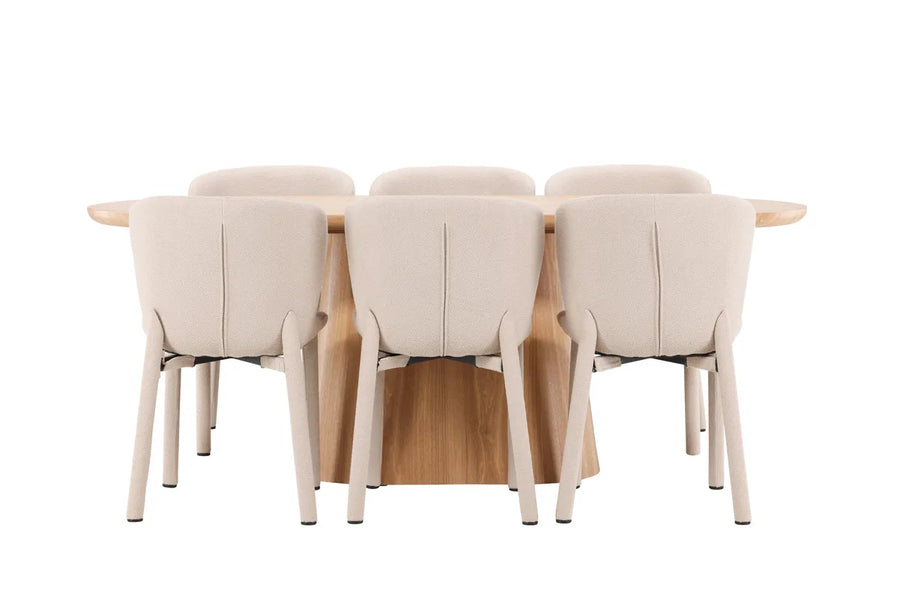 Spisegruppe oval 200 x 90 + 2-pakk spisestol – natur og beige