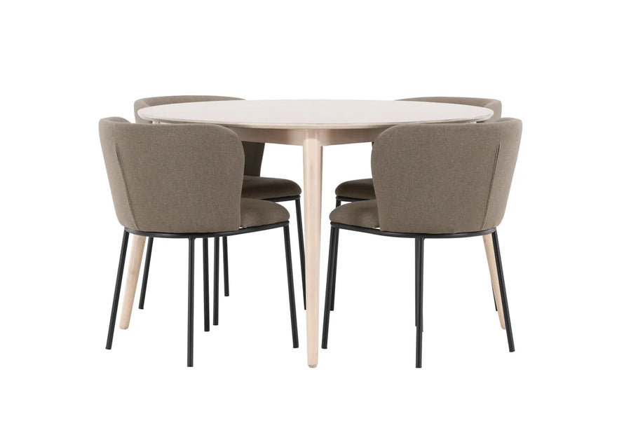 Spisestol Edina & Flora 2-pakk – brun + Spisebord rundt ⌀120 – hvitkalket