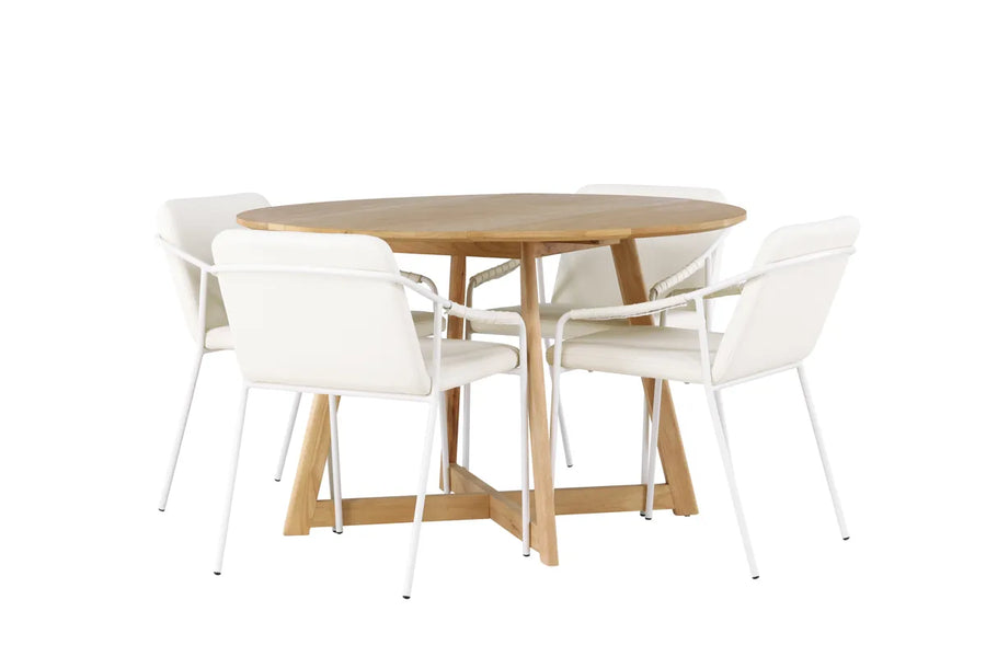 Spisegruppe rund ⌀120 + 2-pakk spisestol – brun og beige