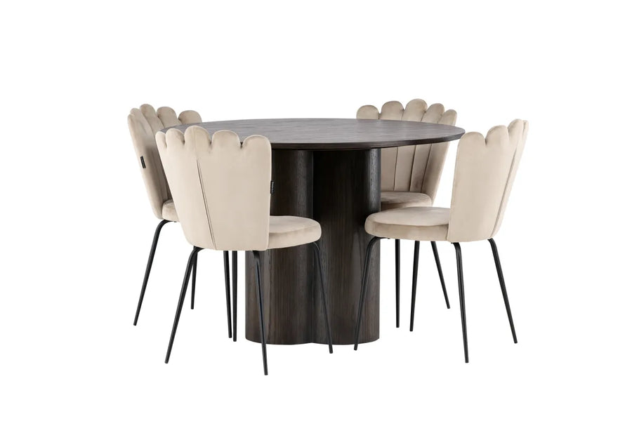 Spisestol Limhamn & Olivia 2-pakk – beige + spisebord rundt ⌀110 – mocca