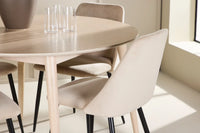 Spisestol Night & Flora 2-pakk + Rundt spisebord ⌀120 – beige og hvitvasket