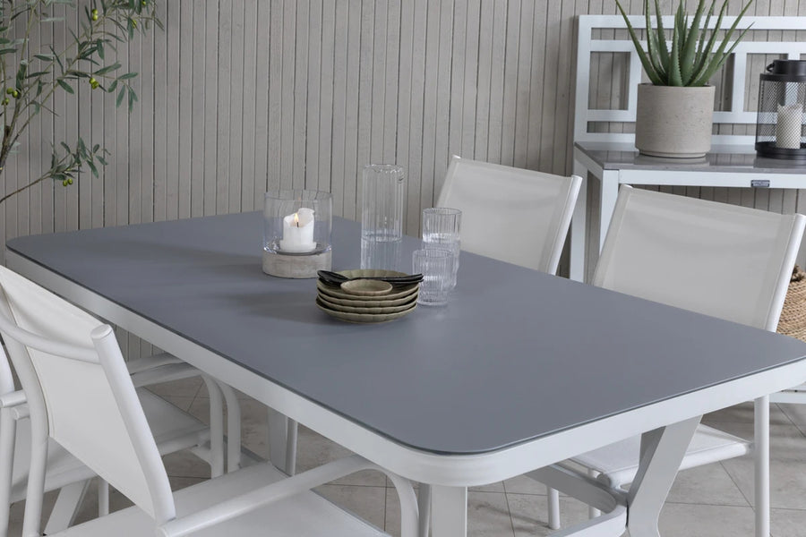Spisegruppe Virya & Santorini rektangulær 160 x 90 med 2-pakk spisestoler – grå og hvit