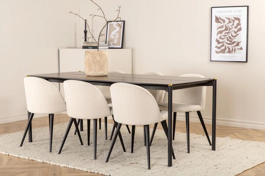 Spisegruppe Pelle & Velvet 190 x 90 + spisestol 2-pakk – svart og krem