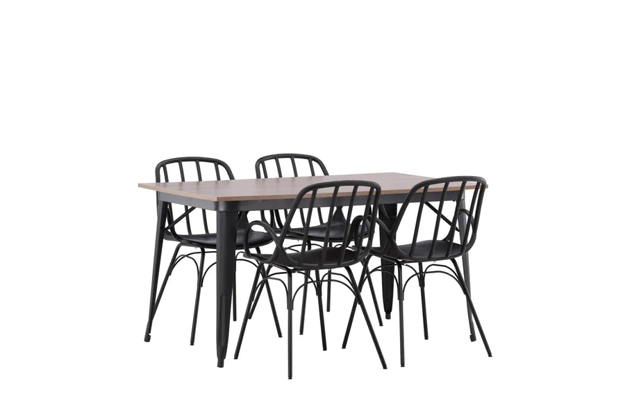 Spisebord Tempe & Dyrön 140 x 80 + spisestol 2-pakk – valnøtt og svart