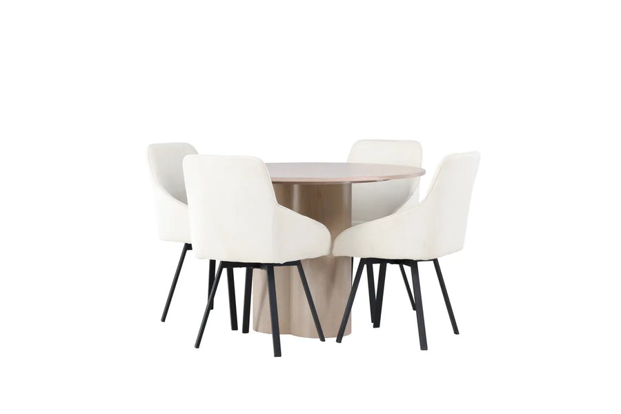 Spisegruppe rund ⌀110 + spisestol 2-pakk – hvitkalket og beige