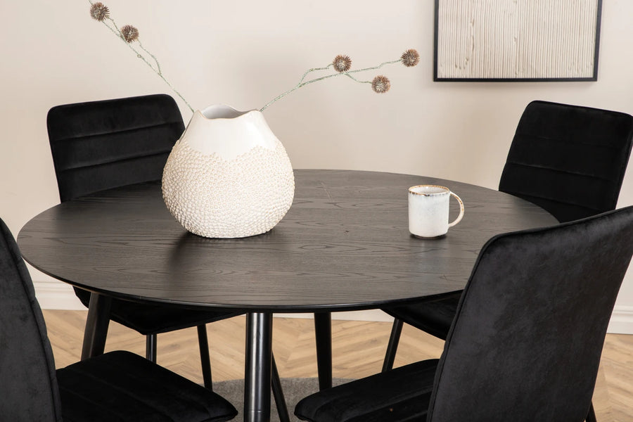 Spisegruppe rund ⌀115 + 2-pakk spisestoler – svart