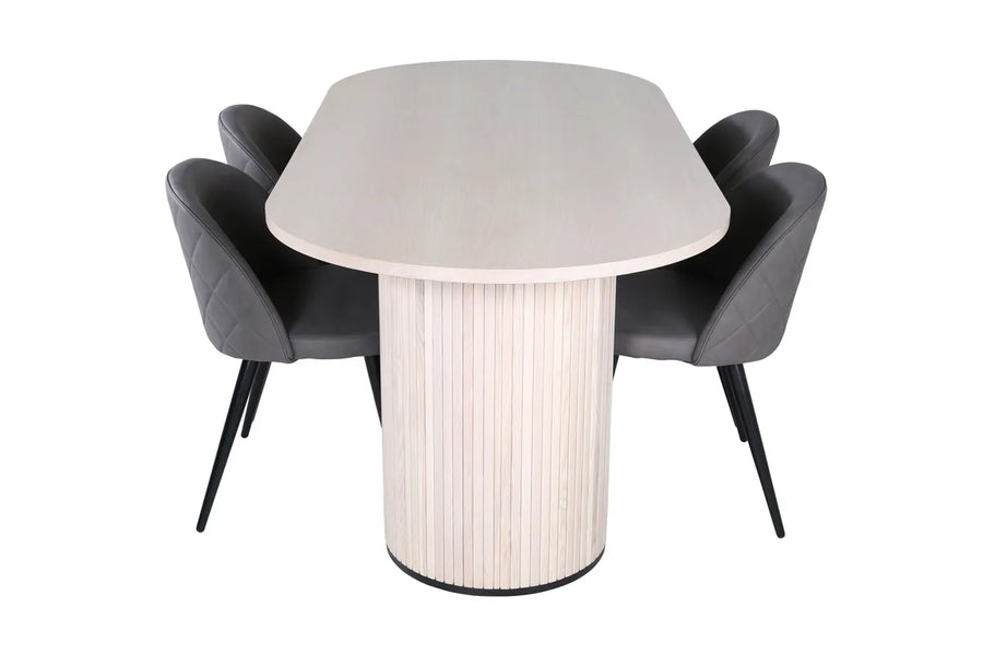 Spisegruppe oval 200 x 90 + spisestol 2-pakk – hvitkalket og grå