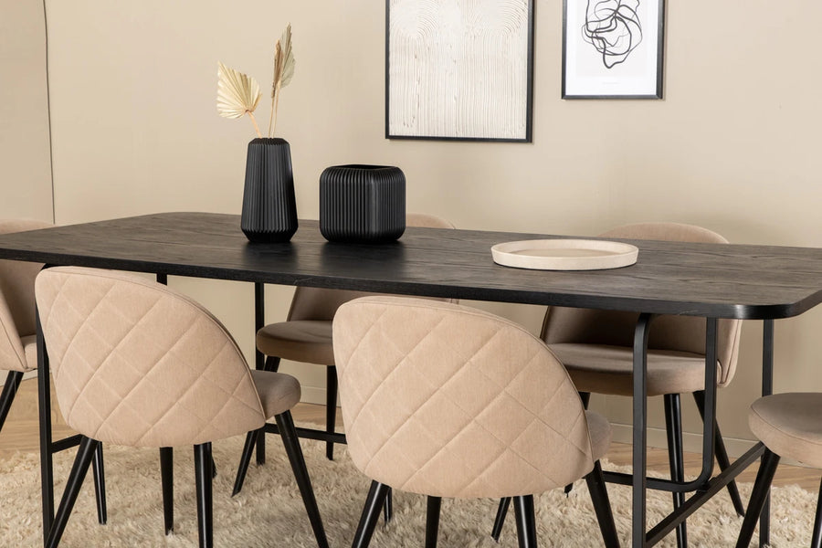 Spisegruppe Uno & Velvet rektangulær 200 x 90 + spisestol 2-pakk – svart og beige