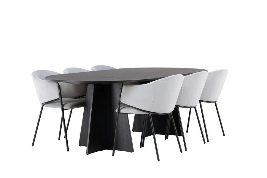Spisegruppe Bootcut & Evelina oval 230 x 115 + 2-pakk spisestoler – svart og grå