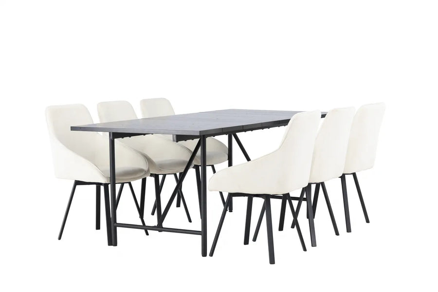 Spisegruppe rektangulær 200 x 90 + spisestol 2-pakk – svart og beige