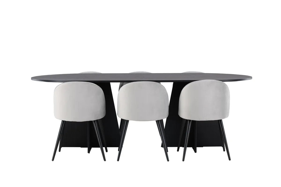 Spisestol Velvet & Bootcut 2-pakk + Ovalt spisebord 230 x 115 – grå og svart