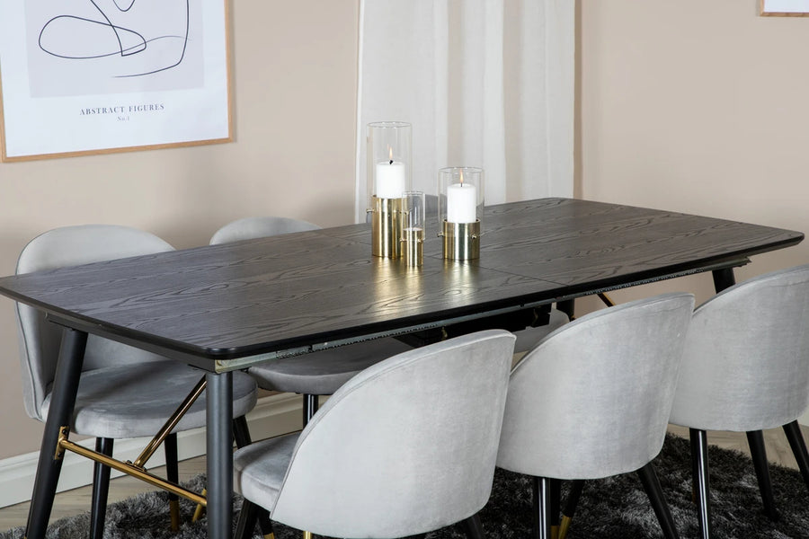 Spisegruppe Gold & Velvet 180 x 85 + 2-pakk – svart og grå
