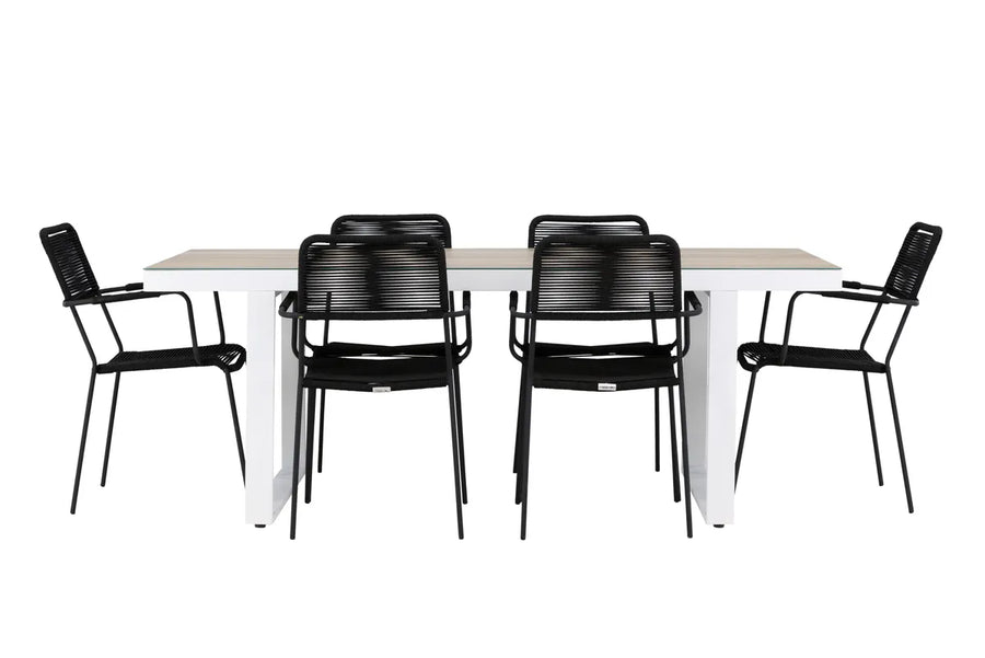 Spisestol Lindos & Merlo 2-pakk – svart + rektangulært spisebord 200 x 90 – hvit