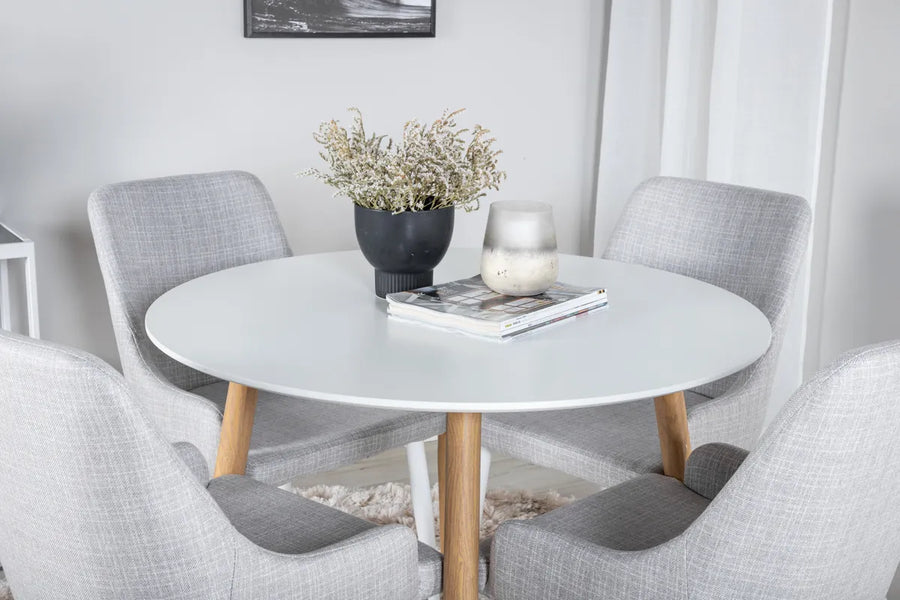 Spisestol Plaza 2-pakk + Spisebord rundt ⌀100 – grå og hvit