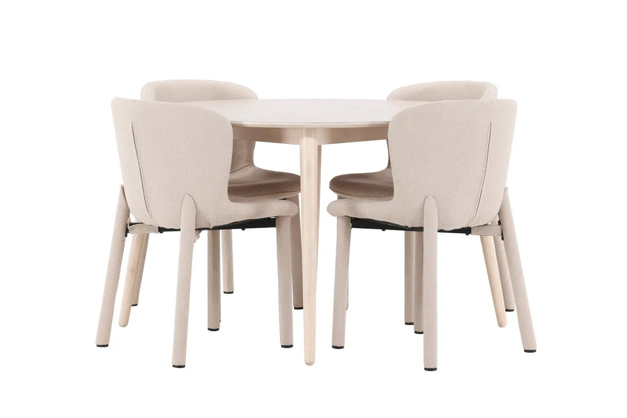 Spisebord rundt ⌀120 + spisestol 2-pakk – hvitvasket og beige