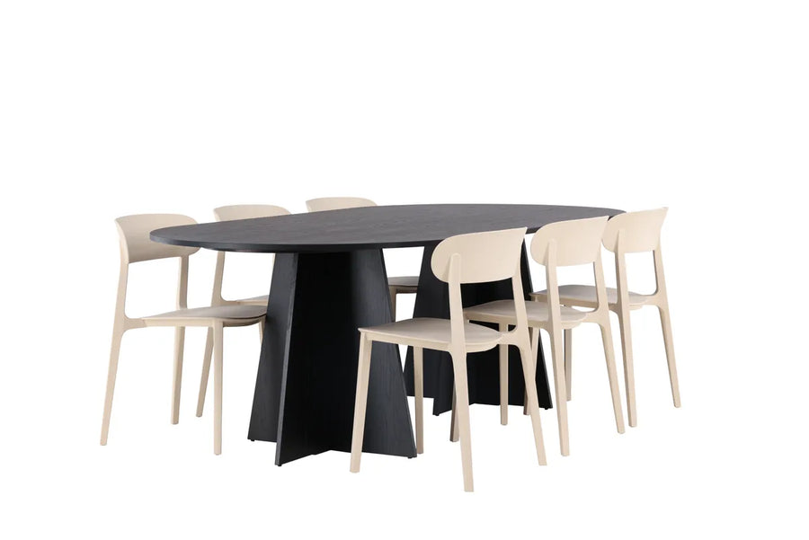 Spisebord ovalt 230 x 115 – svart + spisestol 2-pakk – beige