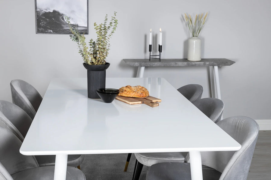Spisegruppe Polar & Velvet rektangulær 180 x 90 med 2-pakk spisestoler – hvit og grå