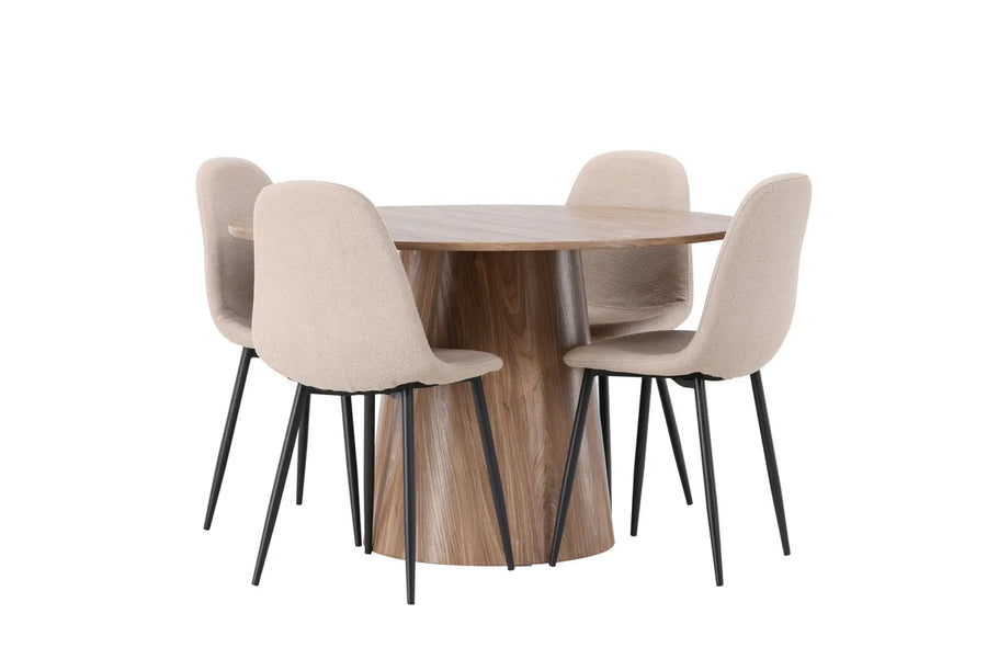Spisegruppe rund ⌀120 med 2-pakk spisestoler – natur og beige